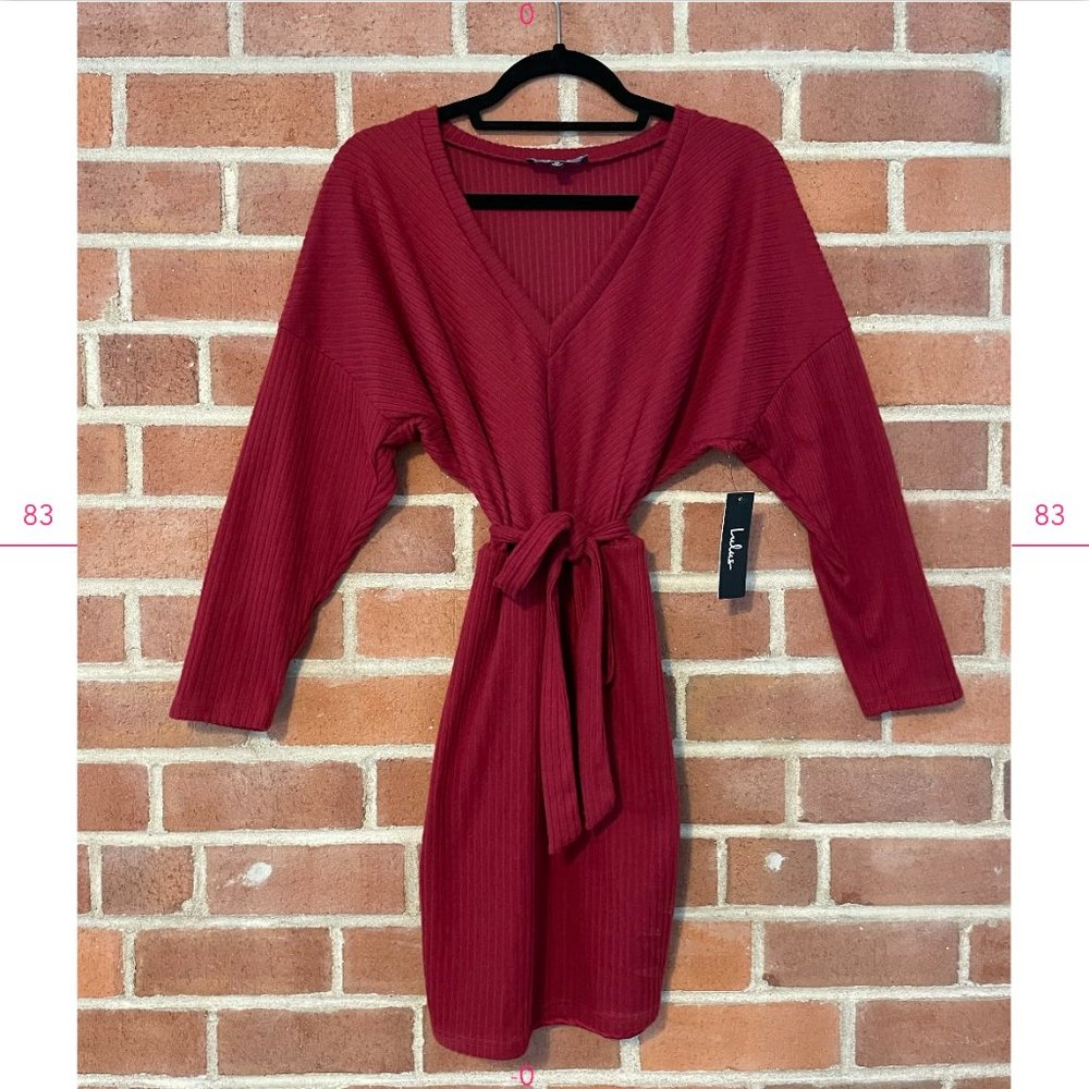Lulu’s Red Long Sleeve, Knee-Length Wrap Sweater Dress, NWT (Size Medium)